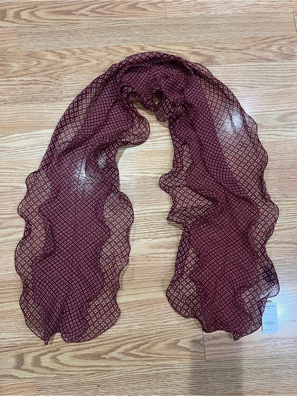 Brooks Brothers Burgundy/Maroon and White Polka Dot Sheer Frilly Scarf